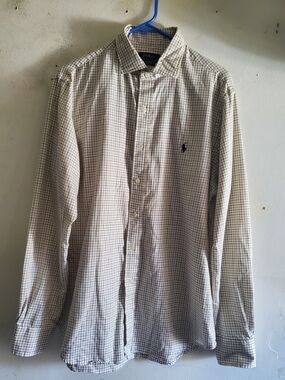 Polo by Ralph Lauren Cream  and Black Check Dress Shirt Size Large.